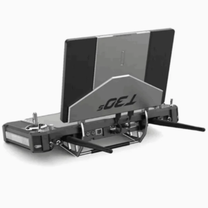 Side profile rear view of folded T30S handheld UAV ground control station with dual flip-out screens and communication antennas