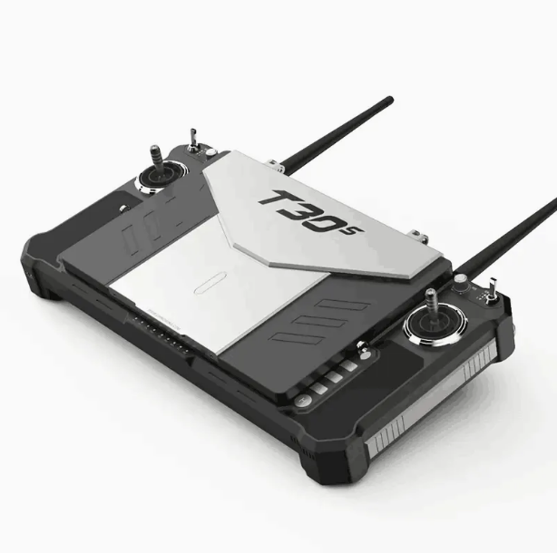 T30S all-in-one portable UAV ground control station side rear angled view, rugged industrial drone remote controller with antennas on white background