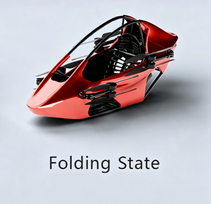 Red single seat manned eVTOL aircraft in extended state, electric vertical takeoff multicopter personal flying vehicle, light gray background render