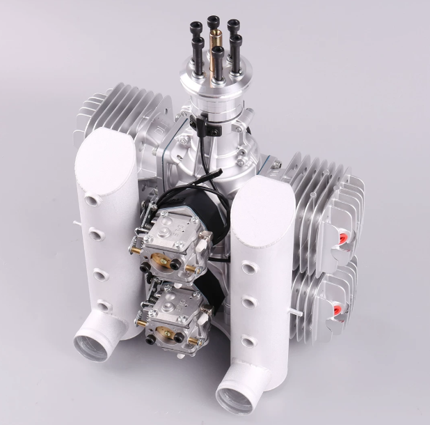 DLE222 twin carburetor twin cylinder two stroke gasoline UAV engine rear oblique view, high power power plant for large VTOL heavy lift industrial drone