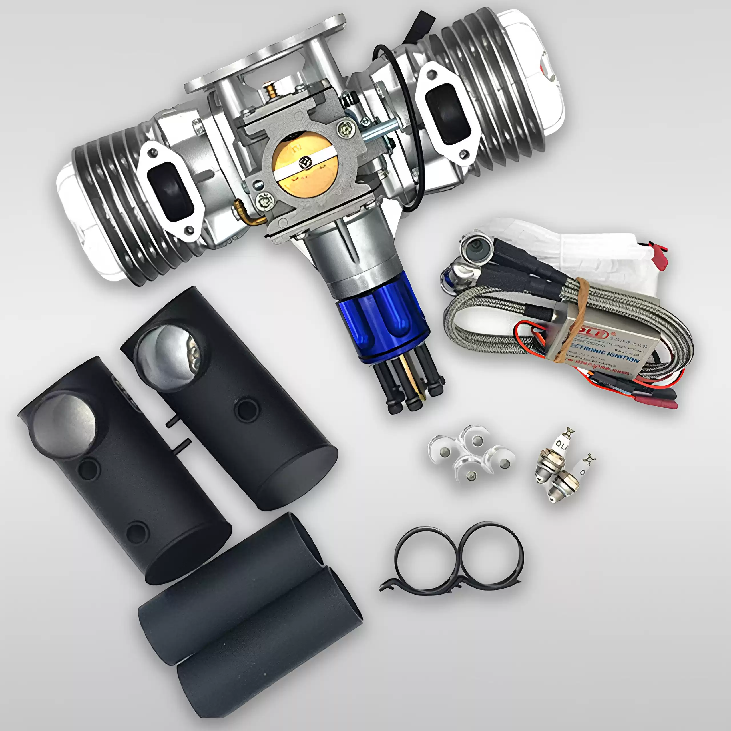 DLE130 130cc twin cylinder two-stroke gasoline engine complete kit with muffler, ignition, spark plugs for large RC airplane fixed wing drone
