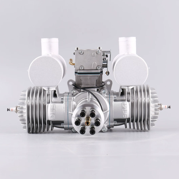 DLE170 twin cylinder two stroke gasoline UAV engine front view, power unit for VTOL heavy lift industrial drone