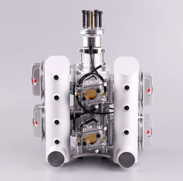 DLE222 twin cylinder two stroke gasoline UAV engine straight rear view with dual carburetors and matched mufflers for large heavy lift VTOL industrial drone